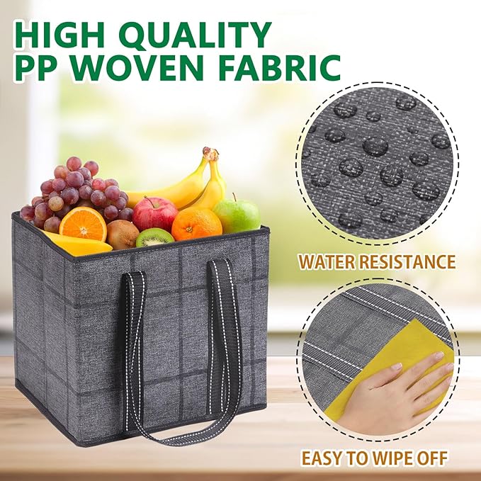 VENO 3 Pack Reusable Grocery Bags, Shopping Bags for groceries, Utility Tote with Handles and Hard Bottom, Foldable Shopping Cart Organizer, Water Resistant, Heavy-Duty (Windowpane, 6 Gallon)