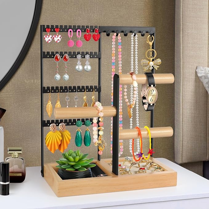 Godboat Jewelry Holder Organizer, 4-Tier Earring Holder with 48 Holes, 6 Hooks Necklace Holder, Removable Bracelet Holder, Gi