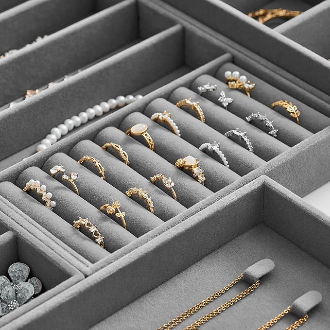 Velvet Jewelry Drawer Organizer Trays – Large Grey Stackable Jewelry Storage Inserts Set, 4-Layer Jewelry Tray Set for Earrin