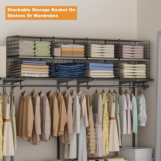 Extra-Long, Low-Profile Closet Organizers and Storage with Wood Top, 3 Pack Stackable Closet Shelf Organizer, Space-Saving Cl