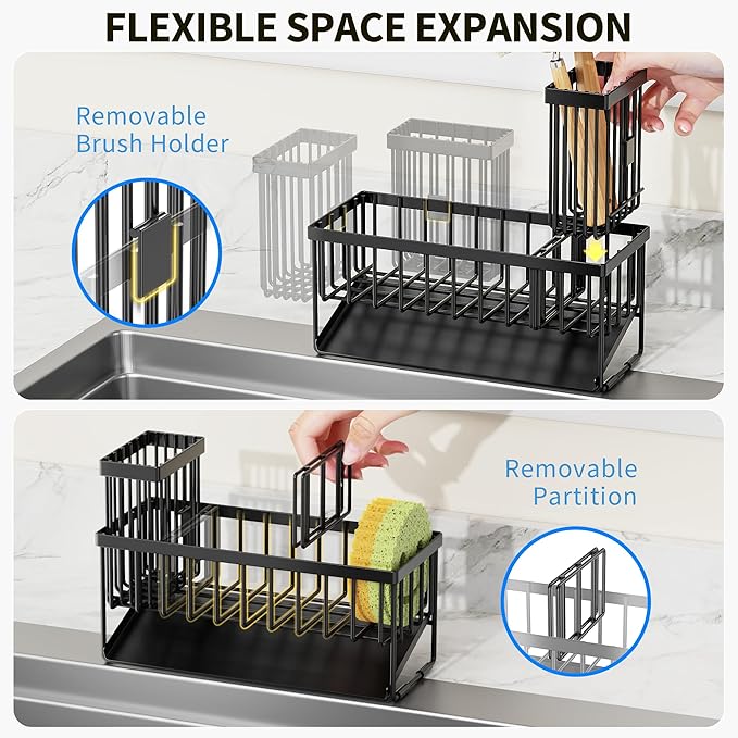 Cisily Sink Caddy Sponge Holder for Kitchen with Brush Holder and Stainless Steel Self Drain Tray, Rustproof Kitchen Sink Org