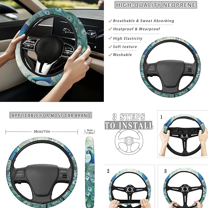 Peacock 13 PCS Car Seat Cover Set with Steering Wheel Cover Seat Belt Strap Cover Armrest Cover Coaster Keychain Automobile Interior Sets Decoration Easy to Install