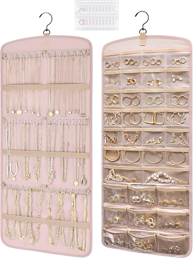 BAGSMART Hanging Jewelry Organizer, Necklace Holder Anti-tangle Earrings Rings Hanger with 20 Jewelry Bags Travel Storage Rol