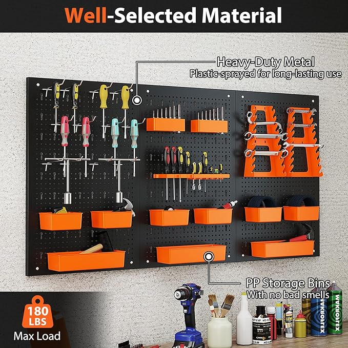 Goplus Pegboard Wall Organizer, 9-Bin Parts Rack Organizer w/Hammer Racks, Tool Holders & Hooks, Heavy-Duty Utility Tool Stor