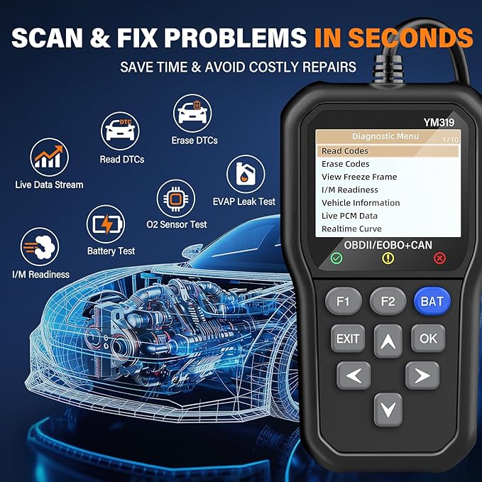 BluSon YM319 OBD2 Scanner Diagnostic Tool with Battery Tester, Check Engine Fault Code Reader with Live Data, Cloud Printing,