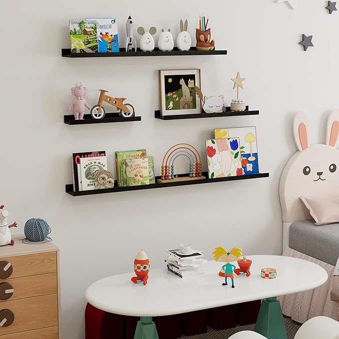 Fun Memories Picture Ledge Shelf, 16 Inch Long Floating Shelves Set of 6, Picture Shelf for Wall with Lip, Large Nursery Book