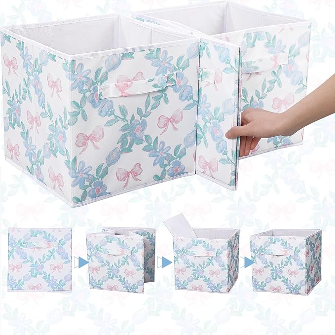 Geelin 6 Pcs Blue Floral Bow Cube Storage Bins 11 Inch Blue Flower Storage Basket with Handle, Preppy Girls Organizer Basket,