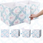 Geelin 6 Pcs Blue Floral Bow Cube Storage Bins 11 Inch Blue Flower Storage Basket with Handle, Preppy Girls Organizer Basket,