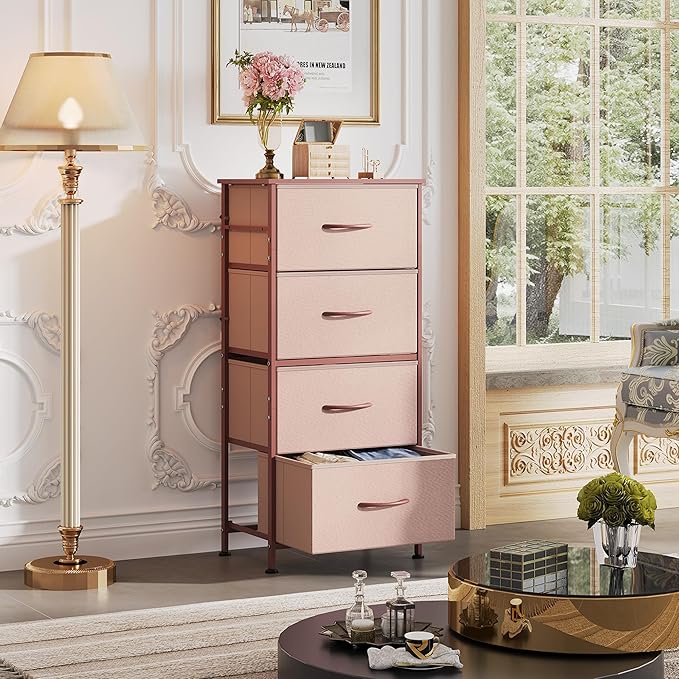 WLIVE 4 Drawers Dresser for Bedroom, Pink Rose Gold Fabric Clothes Storage Organizer Unit, Dresser for Hallway, Entryway, Clo