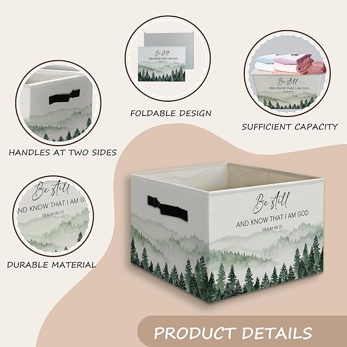 Forest Christian Basket Foldable Storage Bins Box with Handles, Be Still and Know That I Am God Bible Verse Religious Collaps
