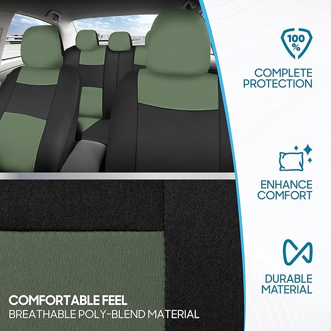 BDK PolyPro Car Seat Covers Full Set in Green on Black, Front and Rear Split Bench Seat Covers for Cars, Easy to Install Car 