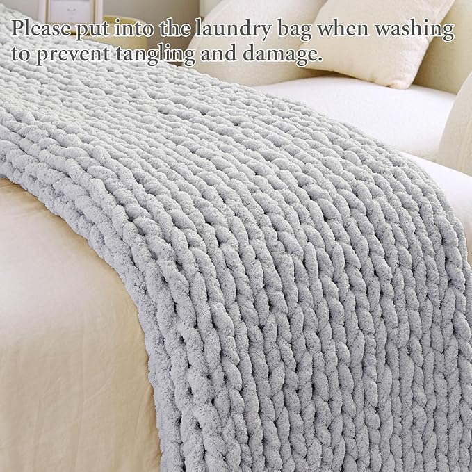 Admitrack Chunky Knit Blanket Throw, 100% Hand Knit Chenille Throw Blanket for Sofa & Home Decor, Soft and Cozy Knitted Throw