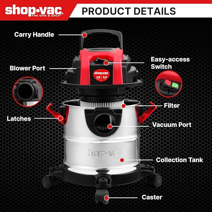 Shop-Vac 3 Gallon 4.0 HP Wet/Dry Vacuum with Blower Function, Stainless Steel Tank, Portable Shop Vacuum with Wheels, Include