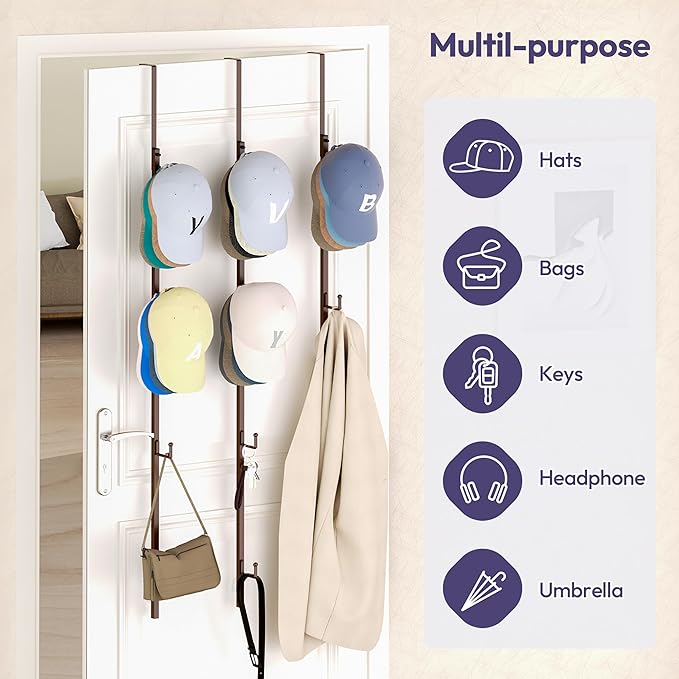 SWTYMIKI Over Door Hat Rack - 3 Packs Metal Hanging Hat Organizer with 12 Hooks Design, Baseball Cap Hanger Organizer Storage