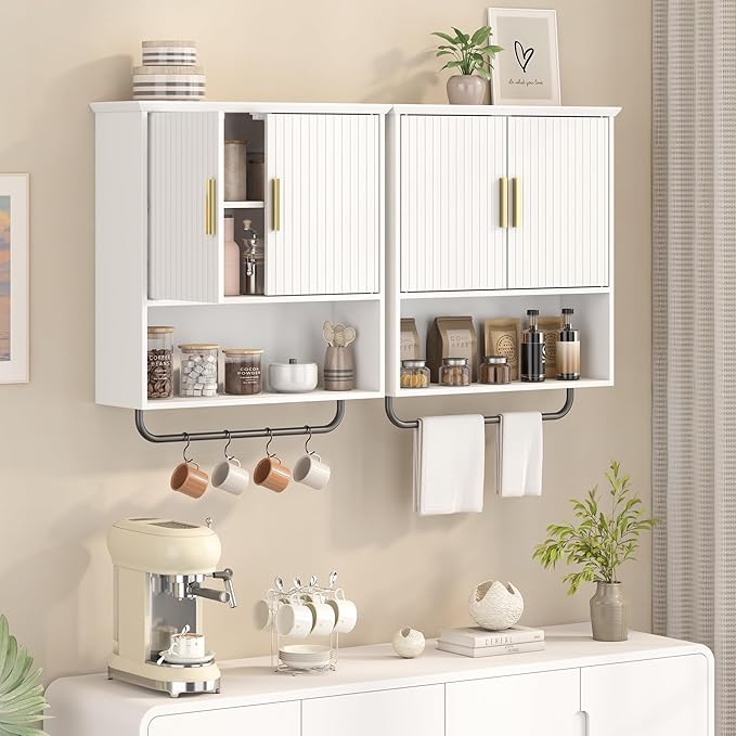 Bathroom Wall Cabinet with Towel Bar, 2 Doors & Adjustable Shelves - Space Saving Wood Wall Mounted Medicine Cabinet Storage 
