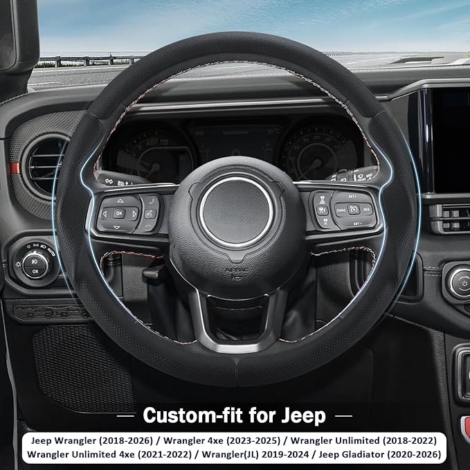 3-Piece Leather Steering Wheel Cover, Custom Fit for Jeep Wrangler 2018-2026 Gladiator 2020-2026,Quick Install Ultra-Thin & Non-Slip,Interior Car Accessories for Men Women(Black Hole)