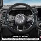 3-Piece Leather Steering Wheel Cover, Custom Fit for Jeep Wrangler 2018-2026 Gladiator 2020-2026,Quick Install Ultra-Thin & Non-Slip,Interior Car Accessories for Men Women(Black Hole)