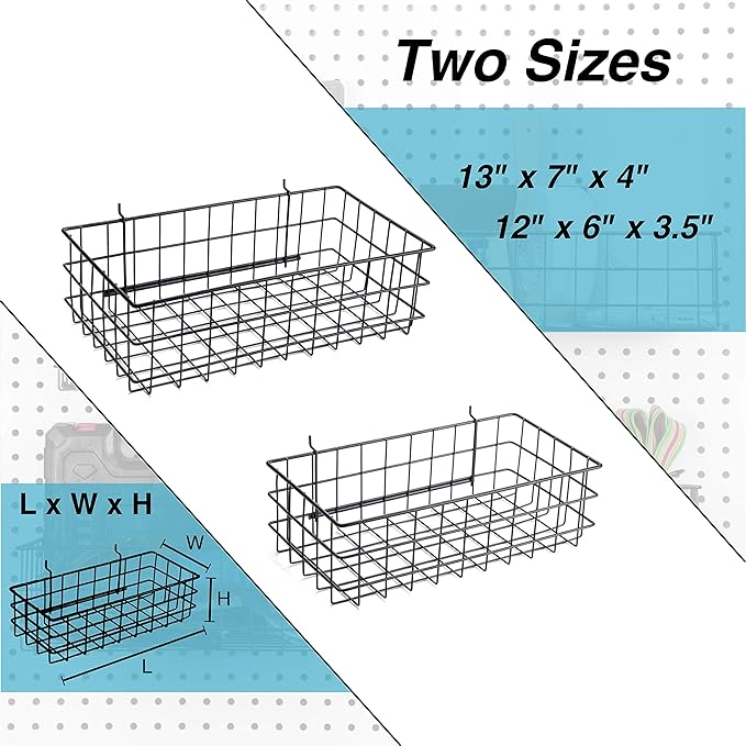 RightArrange Pegboard Basket Set of 2 - XLarge + Large Size Basket, Black - Hooks to Any Peg Board - Organize Tools, Workbenc
