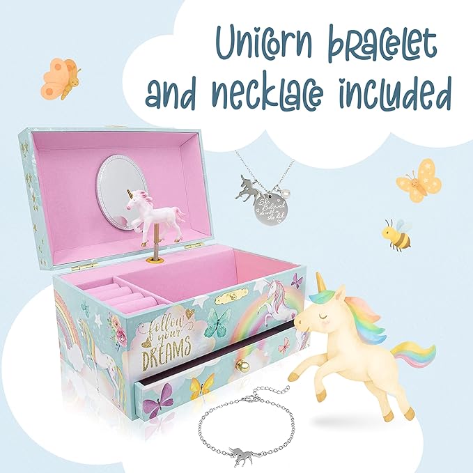 The Memory Building Co Unicorn Musical Jewelry Box Plays Classic Melody, Storage Organizer Music Box for Kids Ages 6-12, MDF 