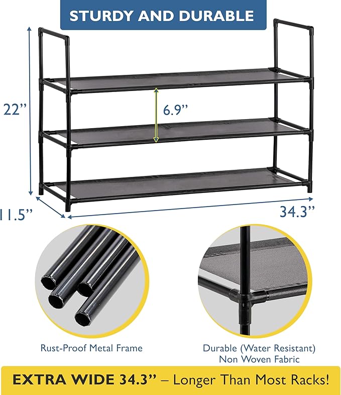 Sundaze Shoe Rack - 3 Tier Shoe Rack for Front Door Entrance, Sturdy Long Shoe Organizer for Closet, Bedroom, Entryway, Garag