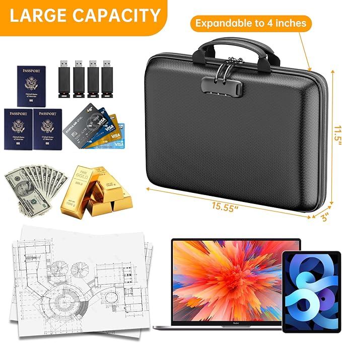 DocSafe Fireproof File Organizer with Lock, Hard-Shell Case Fireproof Document Box with 13 Pocket Accordion File Folder, Port