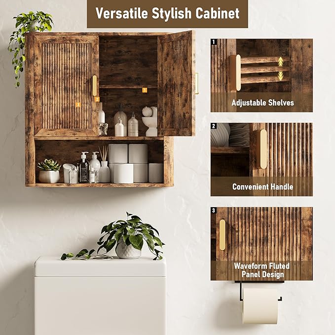 INNOD Bathroom Wall Cabinet, Wall-Mounted Medicine Cabinet with Adjustable Wood Shelf & Doors, Floating Bathroom Cabinet Over