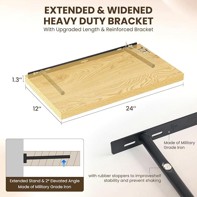 Dreamland 24" Floating Shelves for Wall, 12" Deep Slim Oak Floating Shelves, Wall-Mounted Shelves for Bedroom, Living Room, K