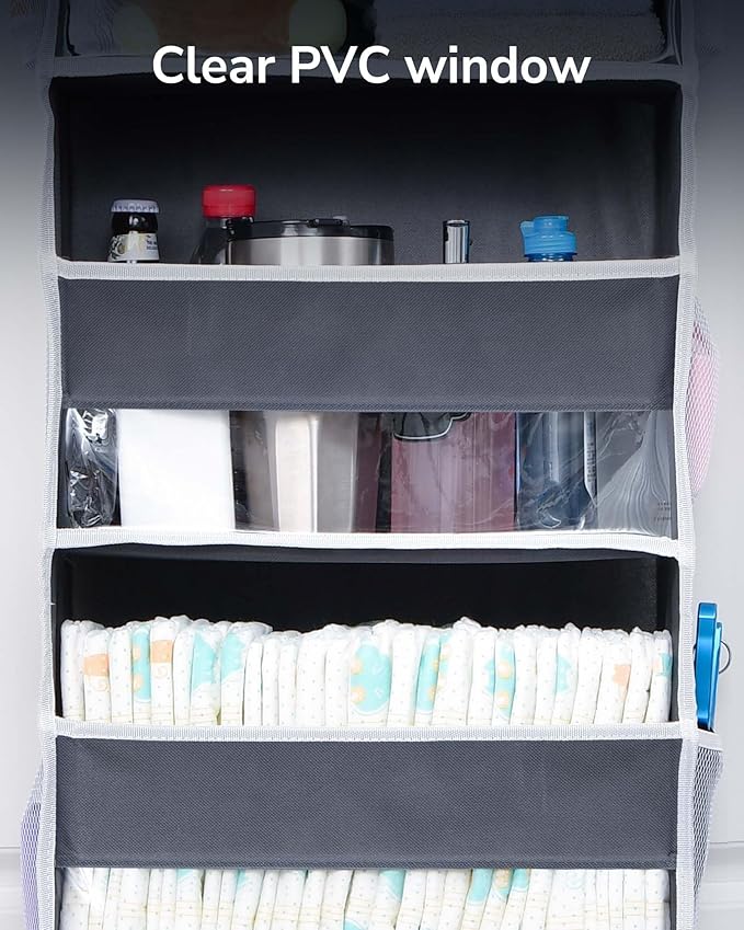 ULG 1 Pack Over Door Organizer with 5 Large and 10 Mesh Side Pockets, 44 lbs Weight Capacity Hanging Storage with Clear Windo