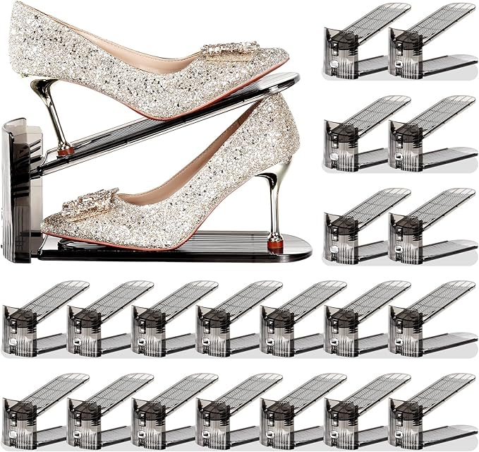 Shoe Slots Organizer 20 Pack - Shoe Stacker,3 Levels Adjustable,Space Savers 50%,Double Layer Holders for Closet (Black),Orga
