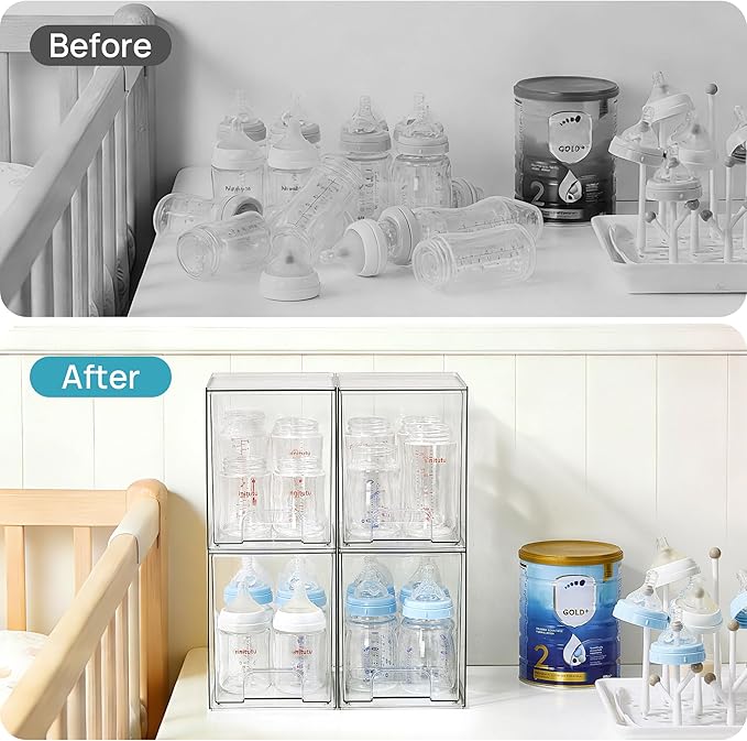 Vtopmart 7.6" H Clear Stackable Storage Drawers, 4 Pack Plastic Organizers Bins for Skincare, Cosmetics,Beauty Supplies,Ideal
