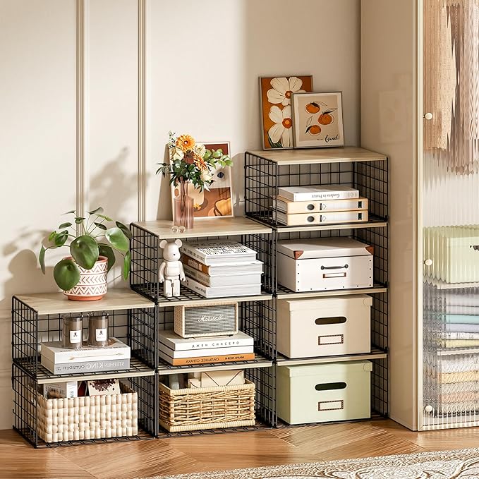 Extra-Long, Low-Profile Closet Organizers and Storage with Wood Top, 3 Pack Stackable Closet Shelf Organizer, Space-Saving Cl