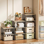 Extra-Long, Low-Profile Closet Organizers and Storage with Wood Top, 3 Pack Stackable Closet Shelf Organizer, Space-Saving Cl