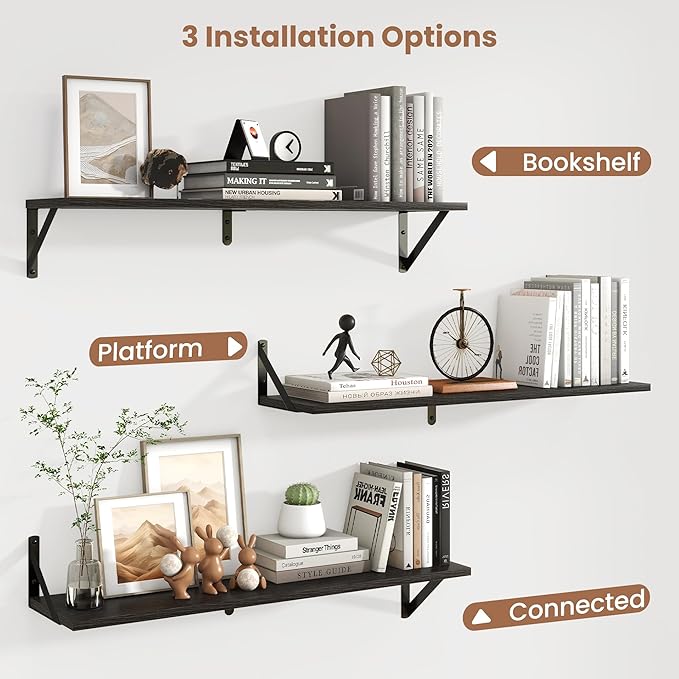 Axeman 32 Inch Floating Shelves | 8 Inch Deep Black Wood Wall Shelves Set of 2 | 31.5" W x 8" D Rustic Black Shelves for Bath