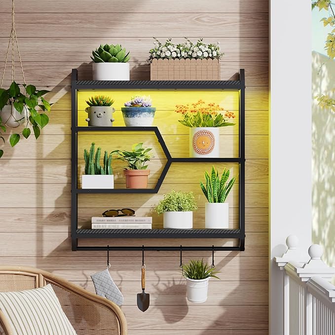 HOOBRO Gaming Floating Shelf with LED Lights, 27.5" LED Wall Mounted Shelf with Hanging Rod & 4 S-Hooks, 4-Tier Hanging Displ