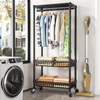 Heavy Duty Clothes Rack Rolling Garment Rack,3 Tier Adjustable Wire Shelving Clothing Racks for Hanging Clothes with Double R
