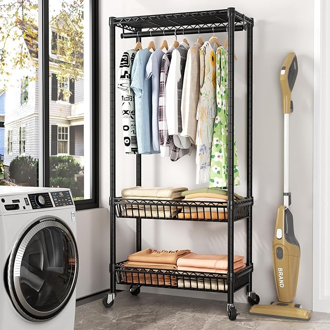 Heavy Duty Clothes Rack Rolling Garment Rack,3 Tier Adjustable Wire Shelving Clothing Racks for Hanging Clothes with Double R