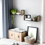 Black Rattan Shelf Set of 2, Nursery Shelves Wall Mounted, Natural Hanging Bookshelf Storage, Boho Decorative Floating Shelve