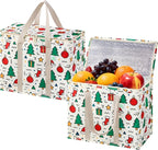 VENO 2 Pack Insulated Cooler Bag for Food Delivery, Reusable Grocery Shopping Bag, Heavy Duty, Large Size, Durable Handles, Double Zippers, Lid, Collapsible (Jingle Mix, 2 Pack)