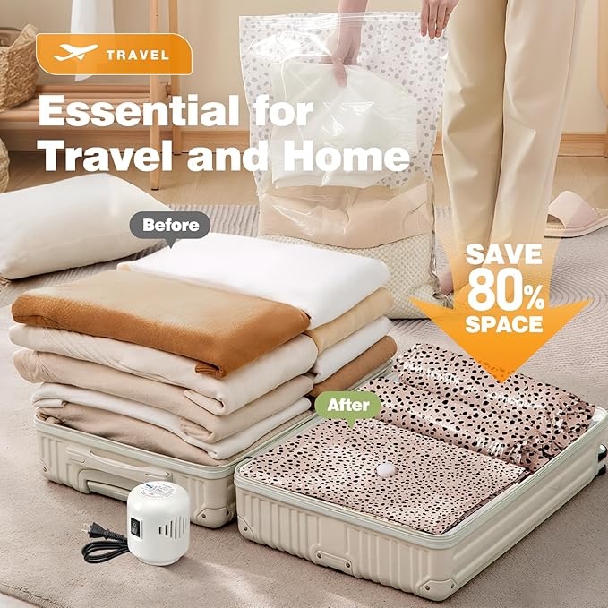 10 Pack Travel Vacuum Storage Bags with Electric Pump, 2 Large + 4 Medium + 4 Small Vacuum Sealer Bags, 80% Space Saver Bags 