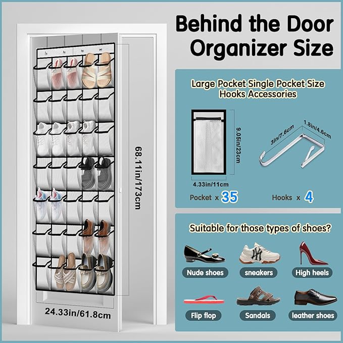 Kotkn 35 Compartment Over The Door Storage - Breathable Mesh Hanging Organizer with Large Pockets, Space Saving Design for Me