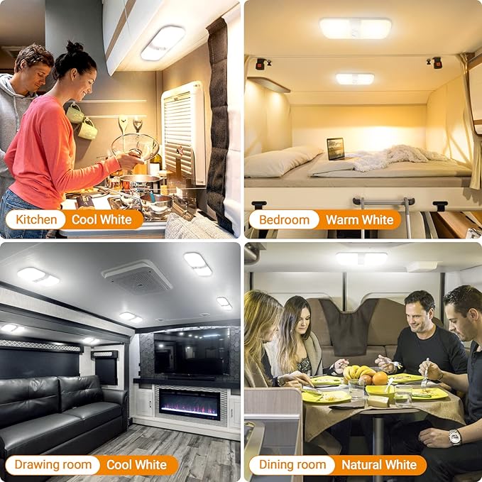 CT CAPETRONIX RV Lights Interior 1700LM, 3 Color TEM Camper Lights, Dimmable 12v Volt Led Lights Fixture, RV Ceiling Dome Light w Switch for RV/Camper/Car/Trailer/Boat (Warm+Cool+Natural White) 8Pack