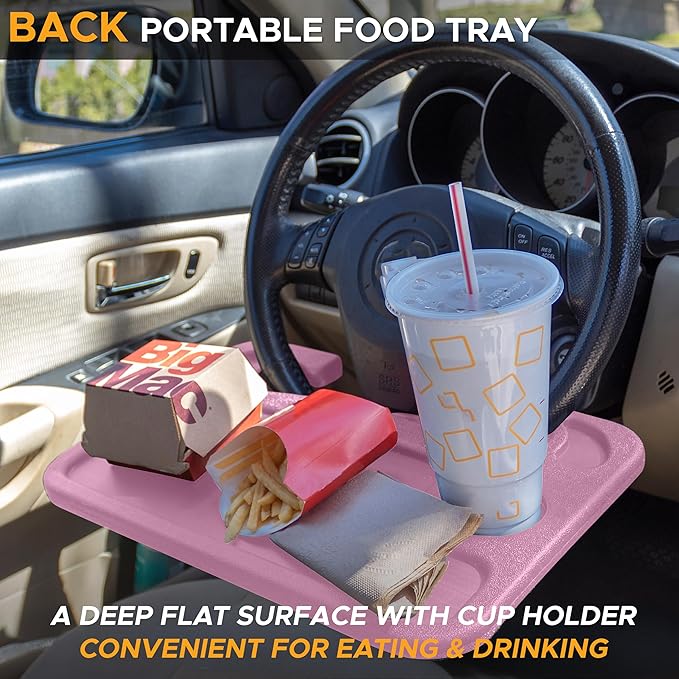 EcoNour 2 in 1 Car Steering Wheel Desk | Steering Wheel Tray for Laptop and Food | Pink Table Tray for Eating with Drinks Holder | Car Accessories