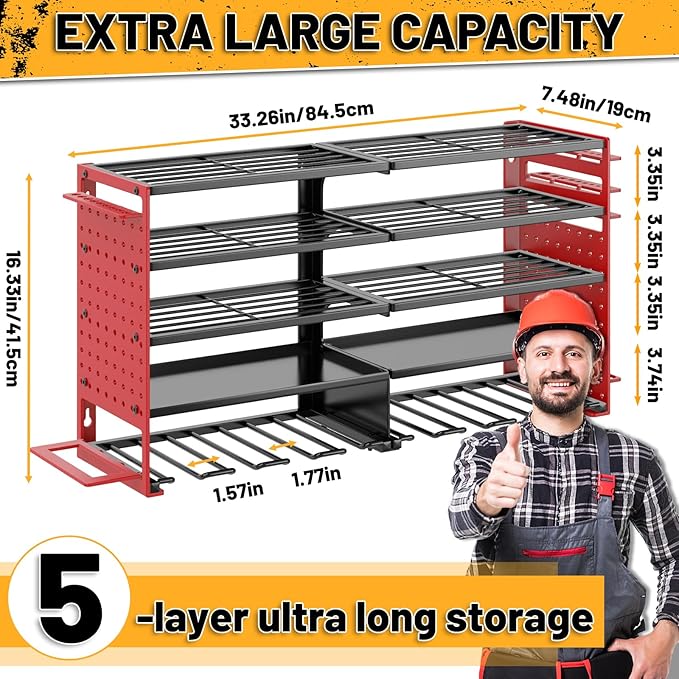 5 Layers Power Tool Organizer Wall Mount, Metal Cordless Tool Hanger Storage Rack Holder with 8 Drill Holders, Heavy Duty Gar