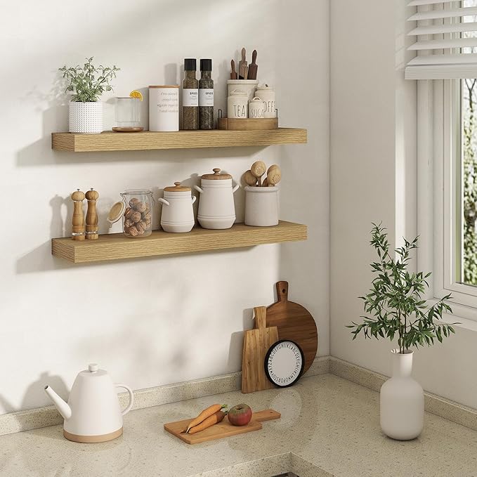 30 Inch Floating Shelves | 6.5 Inch Deep Oak Floating Shelves Set of 2 | 30" W x 6.5" D Rustic Oak Shelves with Invisible Bra