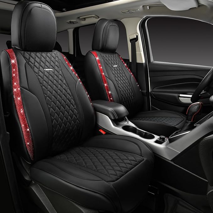 CAR PASS Nappa Leather Bling Diamond Black Red Seat Covers Full Set, Waterproof Calfskin Heavy-Duty Anti-Slip, Universal Fit 