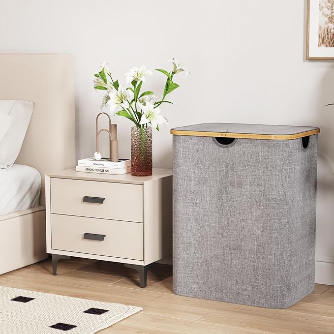 Lifewit 120L Laundry Basket with Lid, Clothes Hampers for Laundry with Bamboo Handles and 1 Removable Bag, Large Foldable Lau