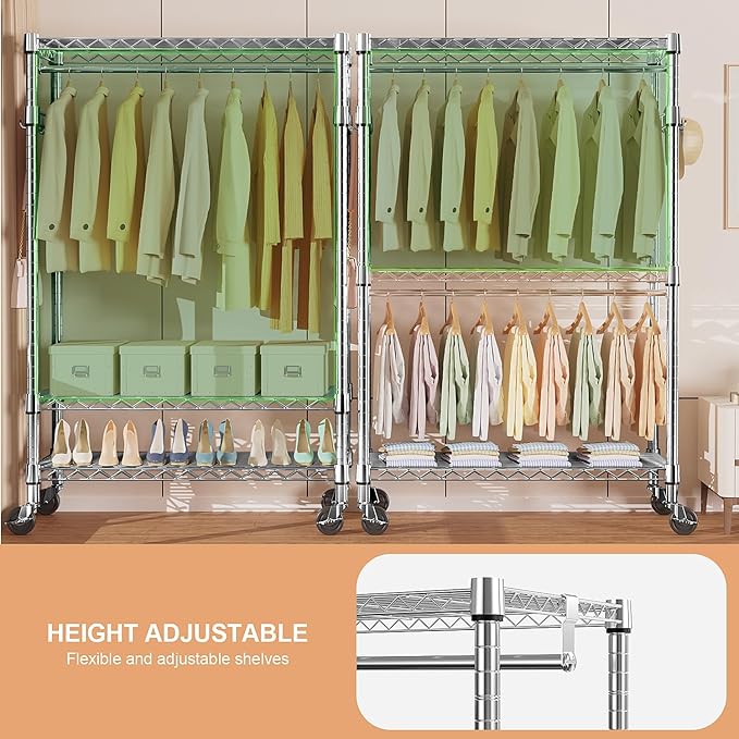 M MZG Heavy Duty Rolling Garment Rack 3 Tiers Adjustable Wire Shelving Clothes Rack with 2 Rods and Side Hooks, Storage Close