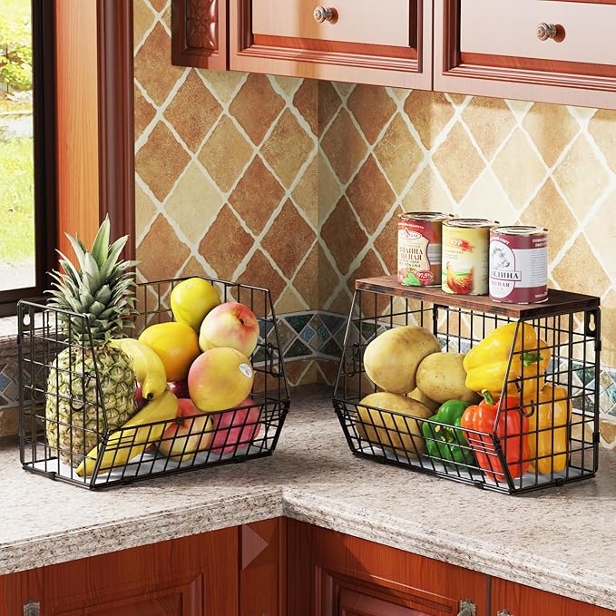 Wawocs Fruit Basket for Kitchen Counter, Fruit Bowl Stackable Wall Mounted Hanging Fruit Basket Wire Basket with Wood Lid wit