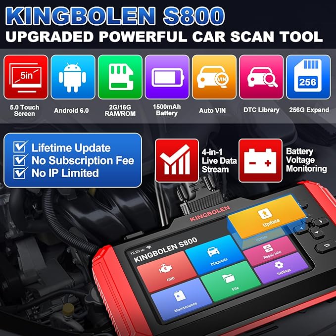 KINGBOLEN OBD2 Scanner S800 Car Scanner, OBD2 Diagnostic Scan Tool with 15 Reset, Oil Brake Throttle Service, Engine ABS SRS