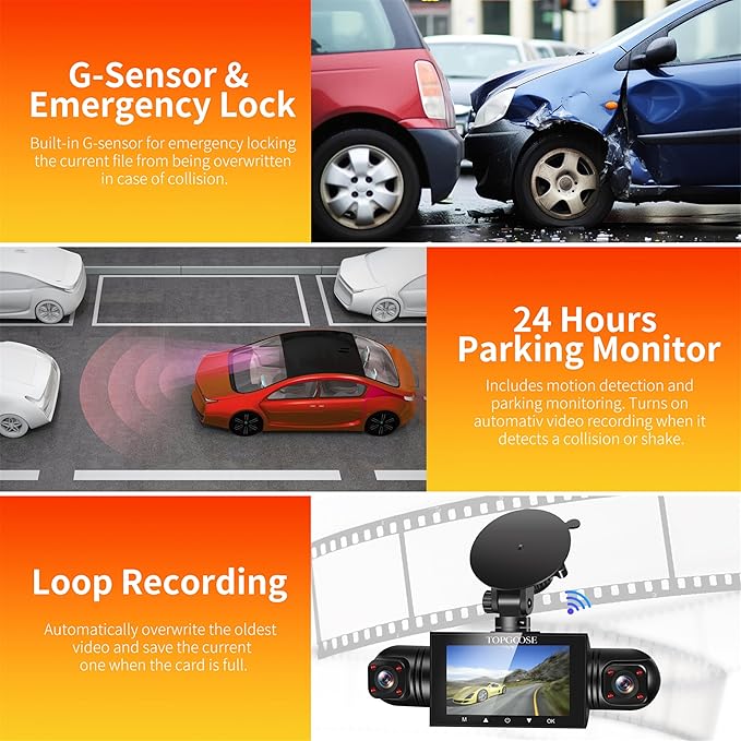 4 Channel Dash Cam 360° View, TOPGOOSE 2K Front and Rear Inside, Left Right Dash Camera for Cars, 8 IR Lamps Night Vision, 5G